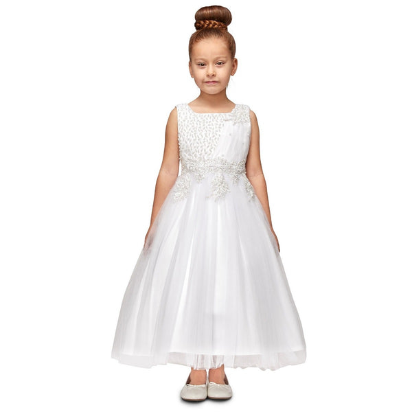 Little Girls White Pearl Bead Coiled Lace Satin Tulle Flower Girl Dress 4-6 - SophiasStyle.com